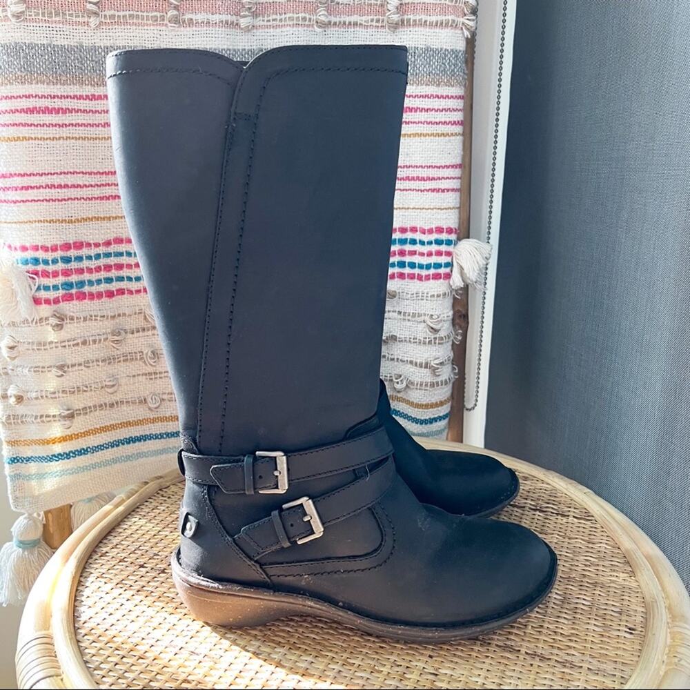 UGG Rosen Black Shearling Lined Tall Leather Winter Boots Women’s 6 - Picture 2 of 11